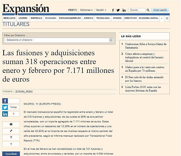 Las fusiones y adquisiciones suman 318 operaciones entre enero y febrero por 7.171 millones de euros